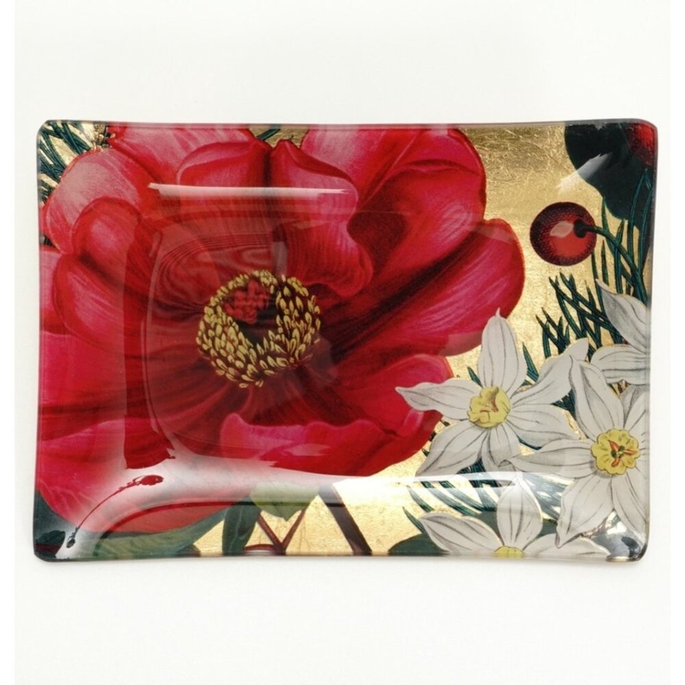 FRINGE STUDIO Glass Trinket / Soap Dish  Floral Red Poppy Gold Tone